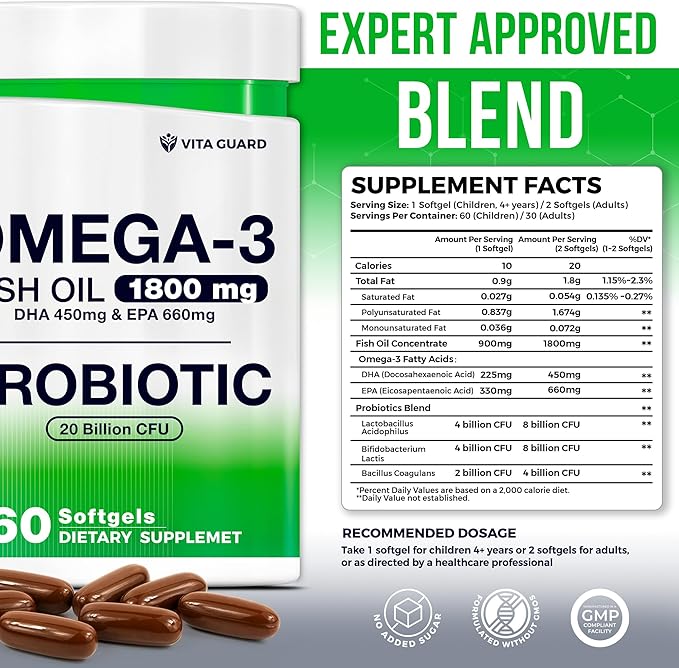 Omega-3 Fish Oil with Probiotics – 1800mg EPA & DHA for Heart, Brain & Gut Support – 20 Billion CFU, Inulin Fiber, Lemon-Flavored Burpless Softgels