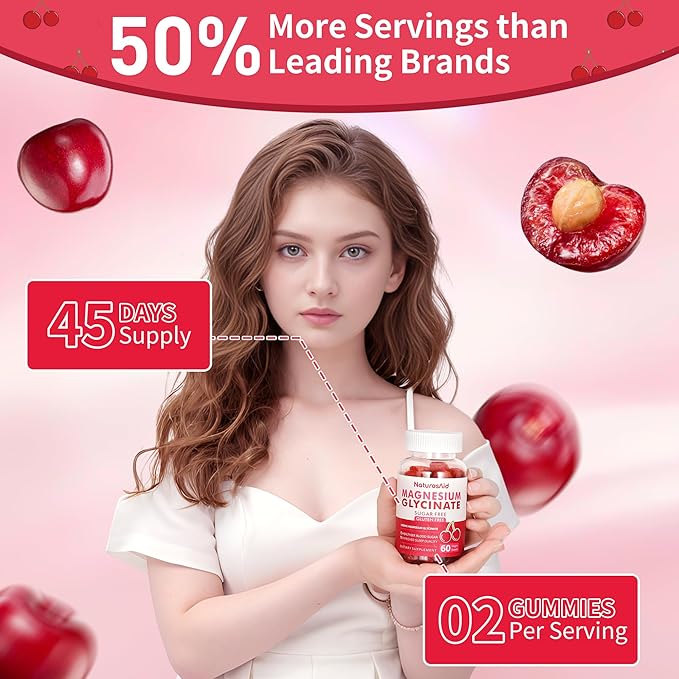 Magnesium Glycinate Gummies - Sugar Free Magnesium Potassium Supplement with Vitamin D, B6, CoQ10 for Calm Mood & Sleep Support - 60 Cherry Gummies -1 Pack