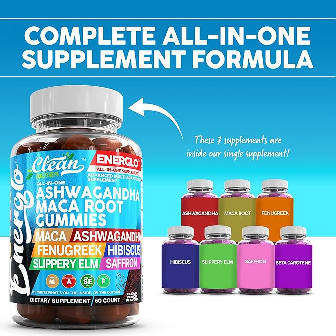 Ashwagandha Maca Root Gummies with Fenugreek Hibiscus Slippery Elm Saffron Extract & Beta Carotene | Peach Flavor Vegan Gummy Vitamins Adaptogen Cortisol Supplement Energlo by Clean Nutra (3)