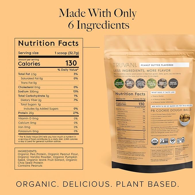Truvani Vegan Pea Protein Powder | Peanut Butter | 20g Organic Plant Based Protein | 10 Servings | Keto | Gluten & Dairy Free | Low Carb | No Added Sugar