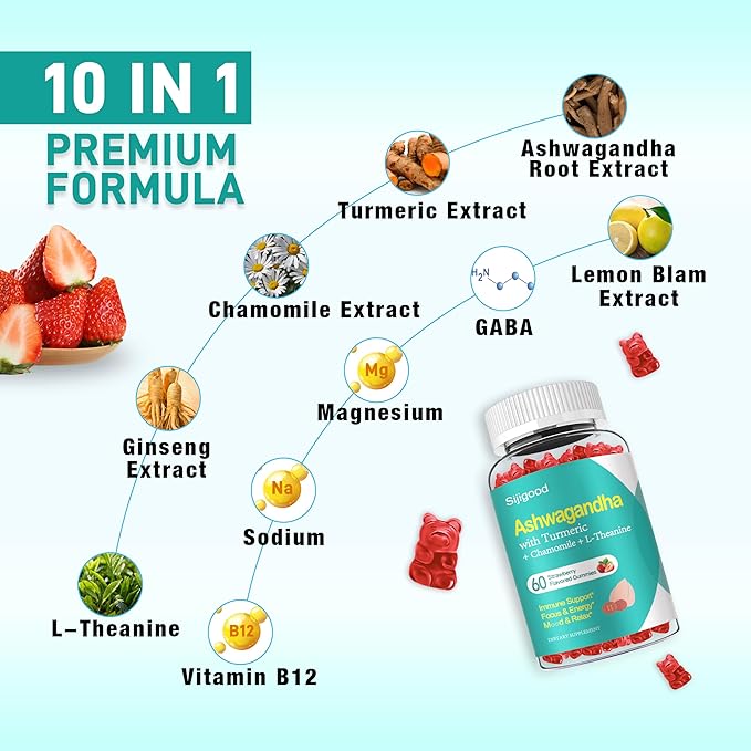 Ashwagandha Gummies with L-theanine, Ashwa Root Supplement Gummy for Women Men, 60 Strawberry Flavored Gummies