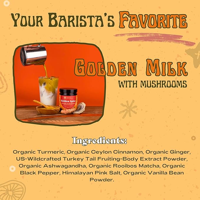 Golden Spice - Mushroom Golden Milk, Heirloom Turmeric Latte Spice Blend | Turkey Tail & Ashwagandha Adaptogens | Caffeine-Free Rooibos Matcha | No Milk or Sweetener Fillers