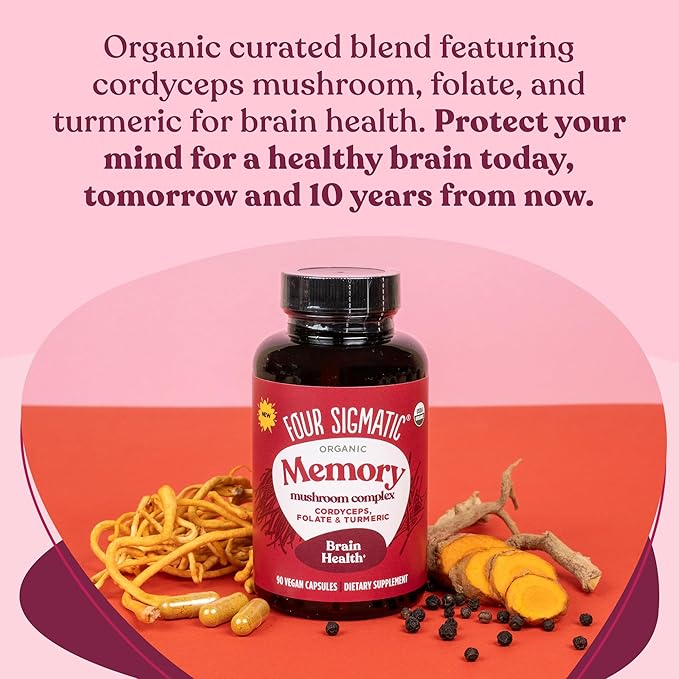 Four Sigmatic Memory Capsules | Reduce Brain Fog & Improve Memory | Nootropic Supplement for Brain Support with Cordyceps Mushroom, Gotu Kola, Turmeric, Ashwagandha & Folate | 30 Servings