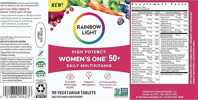 Rainbow Light Multivitamin for Women 50+, Vitamin C, D & Zinc, Probiotics, Women's One 50+ Multivitamin Provides High-Potency Immune Support, Non-GMO, Vegetarian, 90 Tablets