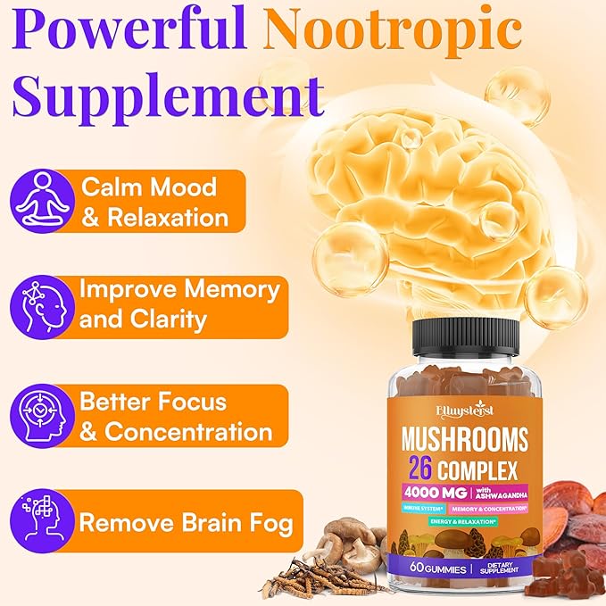 Mushroom Gummies for Adults 4000mg, Brain Supplements for Memory and Focus, 26 in 1 Mushroom Supplement Complex with Ashwagandha & Lion's Mane, Turkey Tail, Reishi, Cordyceps, Organic, 120 Count