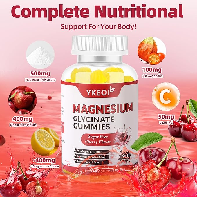 Magnesium Glycinate Gummies 500 Mg,Sugar Free Magnesium Supplement Triple Magnesium Complex with Malate,Citrate, +Ashwagandha, Vitamin C D3 B6,Magnesium Supplement for Adults- 90 Gummies