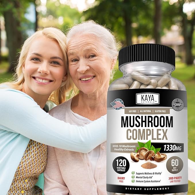 Kaya Naturals Premium Mushroom Complex Potent - Mushroom Supplement - Mushroom Complex Capsules 1995mg Per Serving - Aids Mental Clarity Supports Immune System, Wellness & Vitality - 120 Count