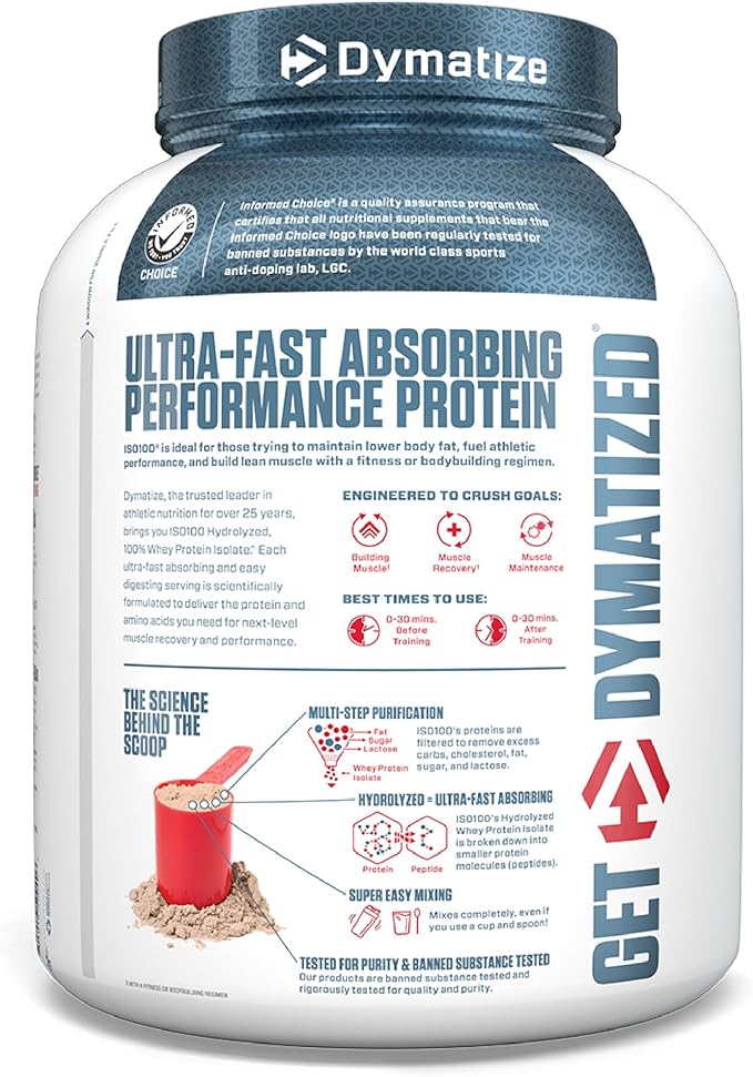 Dymatize ISO100 Whey Protein Powder Isolate, Fudge Brownie, 25g of Protein, 5 Pound, 5.5g BCAAs, Less Than 120 Cal., Gluten Free, 1g Fat, 1g Sugar, 2g Carb