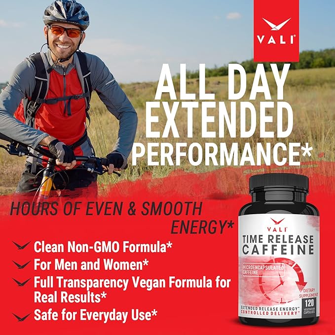 VALI Time Release Caffeine 100mg Pills - Smart Slow Release for Extended Energy & Focus. Advanced Nootropic Supplement. Brain Booster for Active Performance, Alertness & Clarity. 120 Veggie Capsules