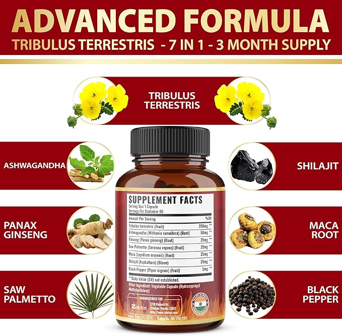 Tribulus Terrestris Capsules with Ashwagndha, Panax Ginseng, Saw Palmetto, Maca, Shilajit - 90 Capsules - 3 Months Supply