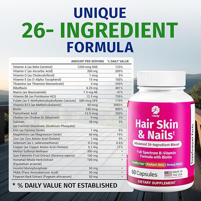 1 Body Hair Skin and Nails Vitamins with Biotin – Contains 26 Vitamins, Minerals and Herb Extracts – Hair and Nail Growth, Glowing Skin Supplements Formula for Men and Women – 60 Vegan Capsules