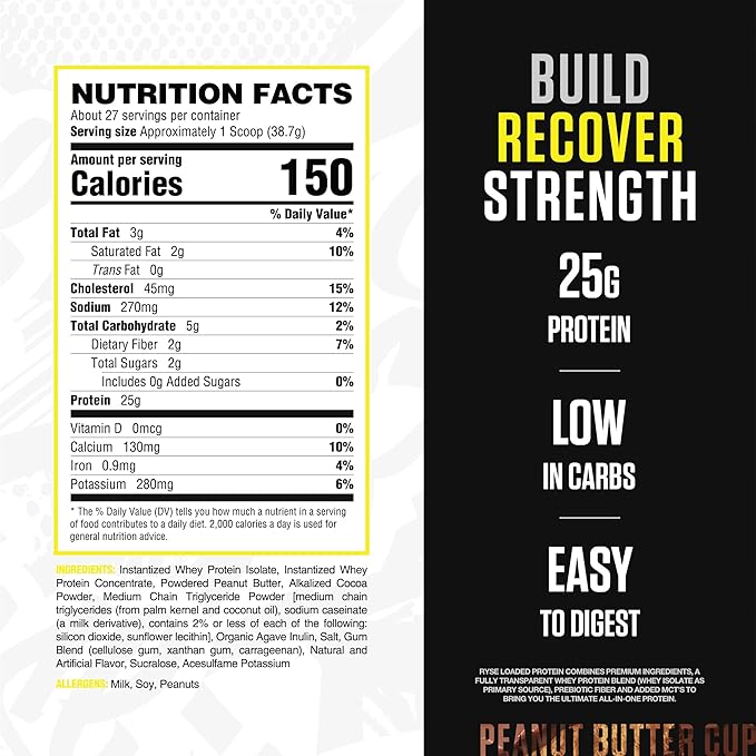 Ryse Loaded Protein Powder - Peanut Butter Cup - 25g Whey Protein Isolate & Concentrate with Prebiotic Fiber & MCTs - Low Carb, Low Sugar, Digestive-Friendly - 27 Servings / 2 lb Tub
