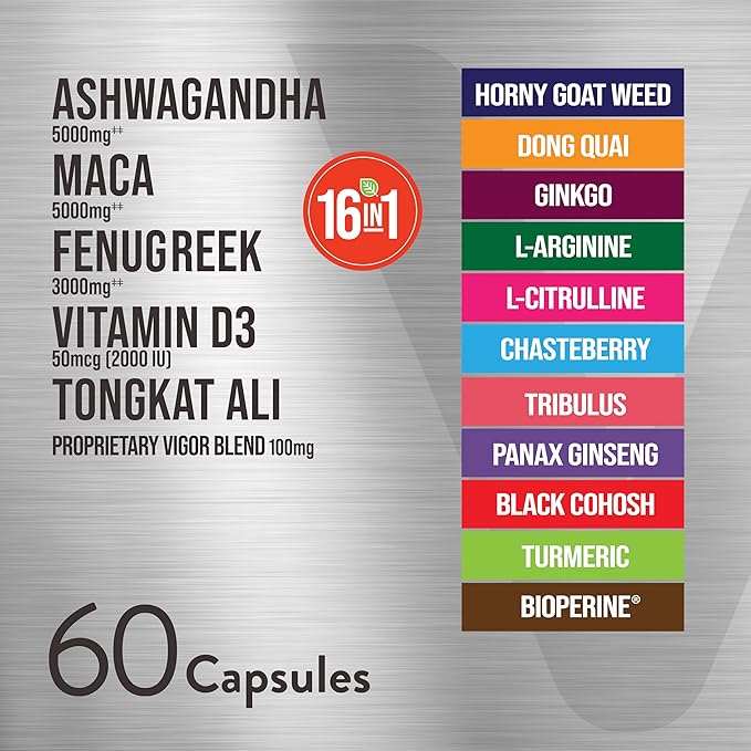 Viteey Ashwagandha 5000mg, Black Maca Root 5000mg, Fenugreek 3000mg, Vitamin D3 2,000 IU with Tongkat Ali & Proprietary Vigor Blend 100mg - Calm, Relax, Mood Support for Women & Men - 60 Capsules