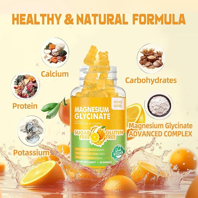 180 CT Magnesium Glycinate Gummies 1000mg - Sugar Free Magnesium Potassium Supplement with Vitamin D, B6, CoQ10 for Calm Mood & Sleep Support - 180 Orange Gummies