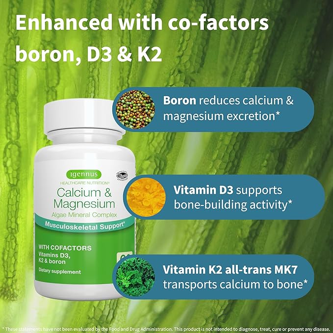 Igennus Algae Calcium & Magnesium Supplement, Plant Based, High Absorption, K2 & D3, Non-GMO Red Algae Mineral Complex for Bone & Teeth Support, for Women and Men, with Boron, Vegan, 60 Tablets