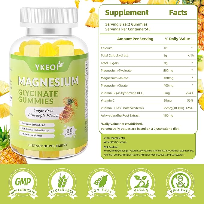 Magnesium Glycinate Gummies 500 Mg with Ashwagandha,Sugar Free Magnesium Supplement Triple Magnesium Complex with Malate,Citrate, Vitamin C D3 B6,Magnesium Supplement for Adults- 90 Gummies