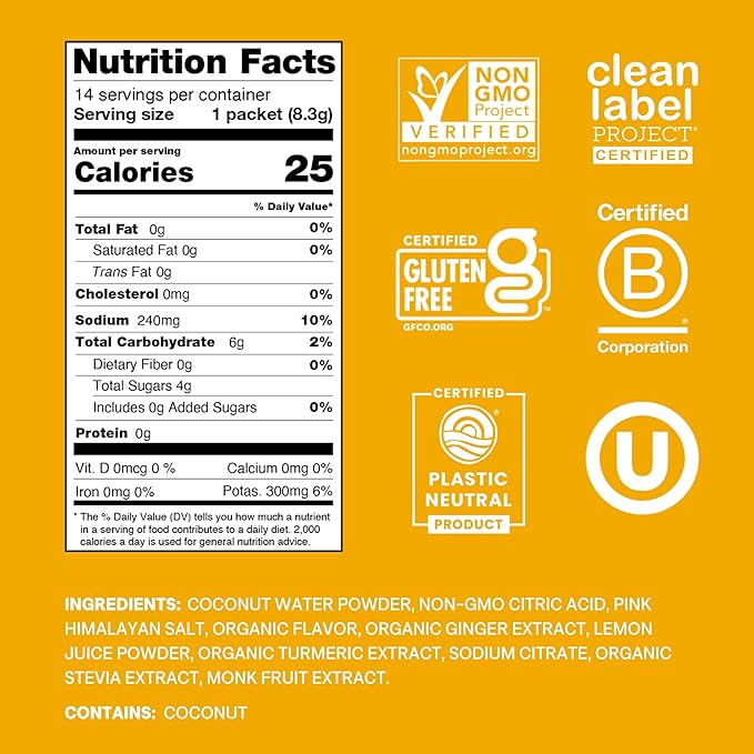 Cure Hydration | Plant-Based Electrolyte Drink Mix | No Added Sugar | FSA & HSA | Dehydration Relief Powder Made with Coconut Water | Non-GMO | Vegan | Pouch of 14 Packets - Ginger Turmeric