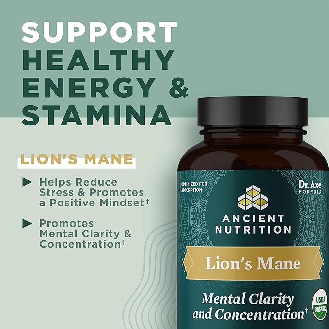 Organic Lion's Mane Mushroom Supplement with Ashwagandha by Ancient Nutrition, Organic Lion's Mane Supports Healthy Energy and Concentration, Reduces Fatigue, Gluten Free and Keto Friendly, 30 Tablets