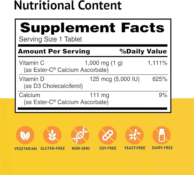 American Health EsterC with D3 Bone Immune Complex Vegetarian Tablets 24Hour Immune Support 1000 mg EsterC 5000 IU Vitamin D3 NonAcidic Vitamin C Servings, 60 Count