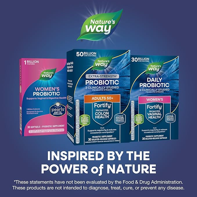 Nature’s Way Fortify Extra Strength† Probiotic Age 50+, 50 Billion Live Cultures, 11 Strains, Prebiotics, Digestive Health*, Immune Support*, Colon Health*, 30 Capsules (Packaging May Vary)