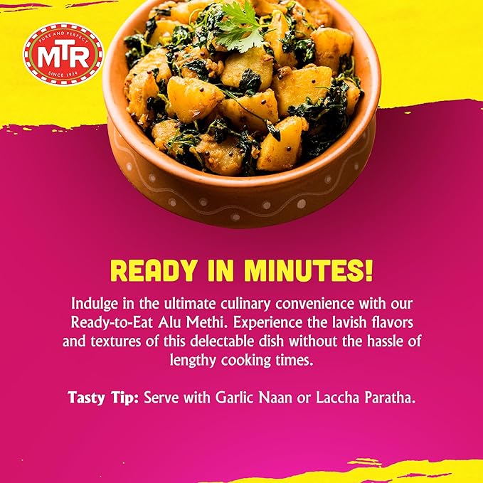 MTR - Alu Methi - Curried Potato with Fenugreek Leaves - Authentic Indian Ready To Eat Meal, Plant-Based, Delicious Microwave Food, Perfect for Quick & Nutritious Indian Cuisine Lovers (Pack of 6)