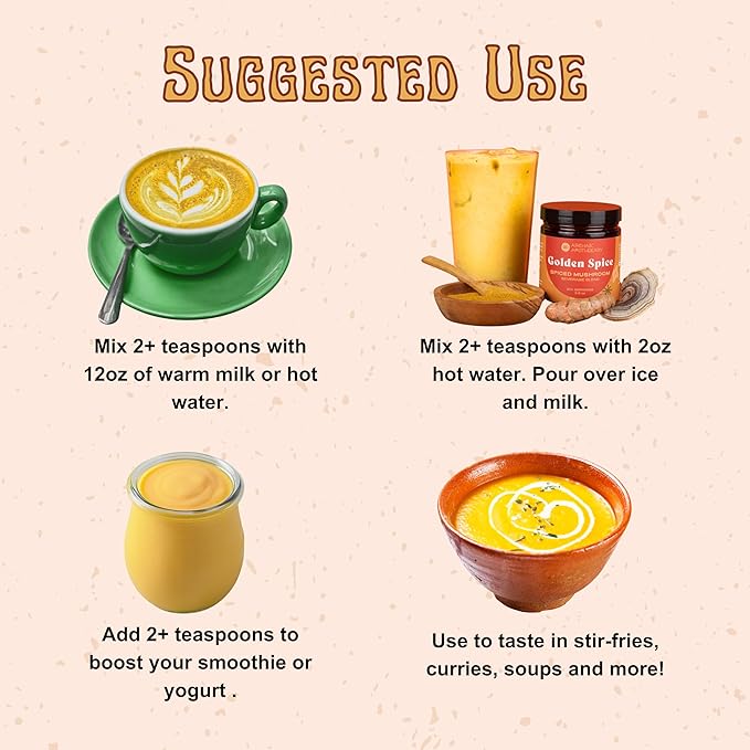 Golden Spice - Mushroom Golden Milk, Heirloom Turmeric Latte Spice Blend | Turkey Tail & Ashwagandha Adaptogens | Caffeine-Free Rooibos Matcha | No Milk or Sweetener Fillers