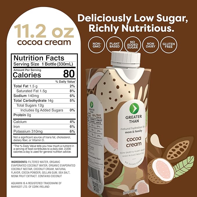 Greater Than Lactation Supplement Support, Coconut Water, Vitamins & Electrolyte Drink for Breastfeeding & Immune Support, Lactation Cookies Alt, Gluten Free, Low Sugar, 24 Pack, Cocoa Chocolate Cream