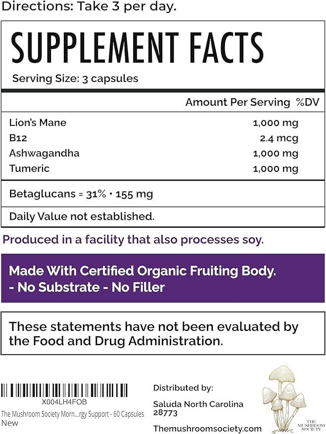 Morning Rush - Lion’s Mane, Turmeric & Ashwagandha Extract Blend - Mushroom Supplement for Focus & Energy Support - 60 Capsules