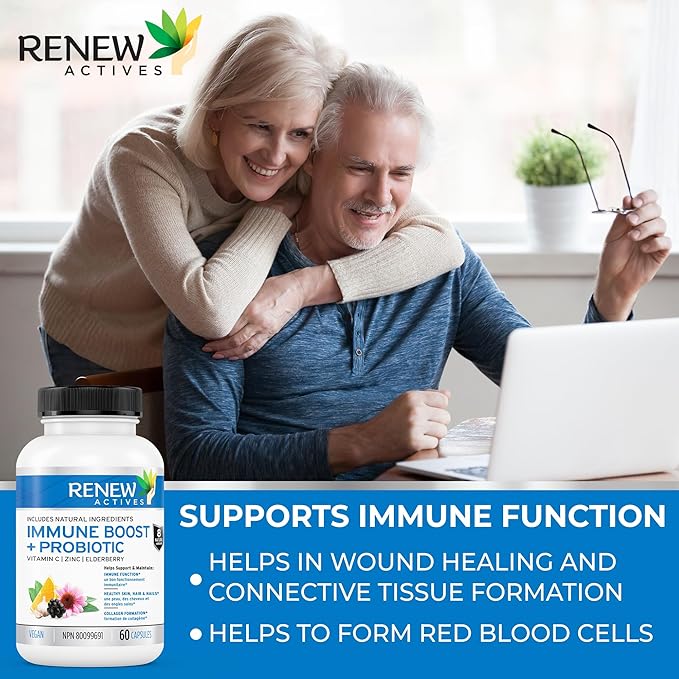 RENEW ACTIVES Antioxidant – Elderberry, Probiotics, Zinc, Vitamin C & Organic Turmeric 700MG per 2 Capsules – For Immune Function, Collagen Formation, & Overall Wellness – Made in Canada - 60 Capsules