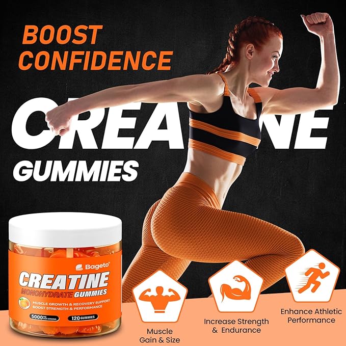Creatine Monohydrate Gummies 5g for Men Women,Sugar Free Chewables Creatine Pre-Workout for Muscle Strength, Orange Flavor, 120 Count