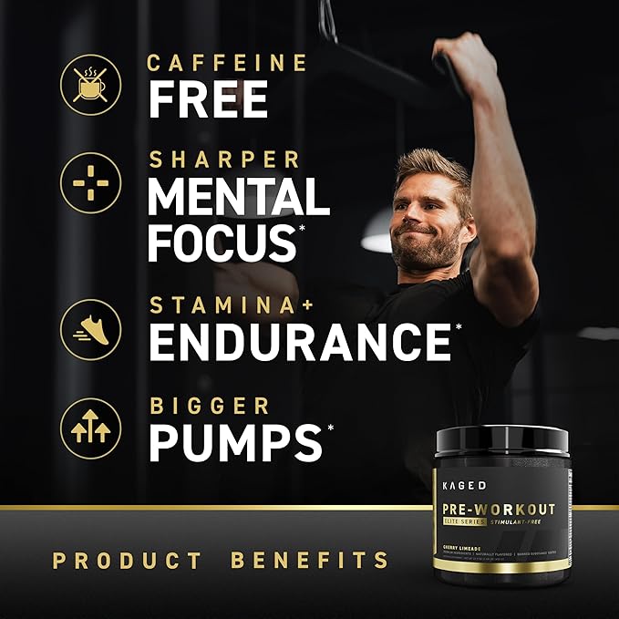 Kaged Pre Workout Powder Pre-Workout Elite Stim-Free for Men & Women, Power, Stamina, Focus, Pumps, L-Citrulline, Beta Alanine, Creatine, Caffeine-Free, Cherry Limeade, 20 Servings
