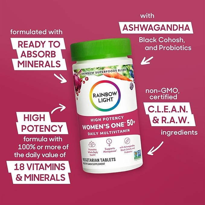 Rainbow Light Multivitamin for Women 50+, Vitamin C, D & Zinc, Probiotics, Women's One 50+ Multivitamin Provides High-Potency Immune Support, Non-GMO, Vegetarian, 90 Tablets
