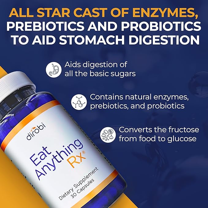 Dirobi Eat Anything Xylose Isomerase Fructose Malabsorption Enzymes, FODMAP Supplement, Digestive Enzymes for Better Lactose, Fat, Protein & Carbohydrate Digestion Gas & Bloating Relief 30 Capsules
