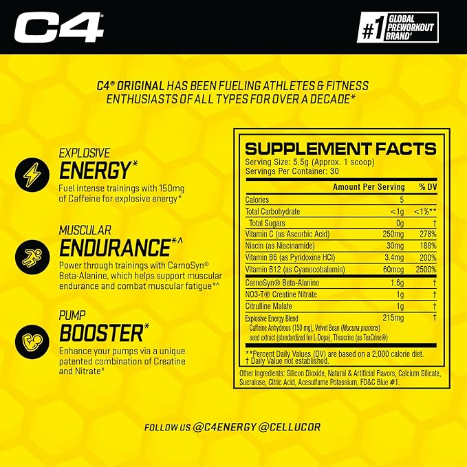 Cellucor C4 Original Pre Workout Powder Frozen Bombsicle Sugar Free Preworkout Energy for Men & Women 150mg Caffeine + Beta Alanine + Creatine - 30 Servings (Packaging May Vary)