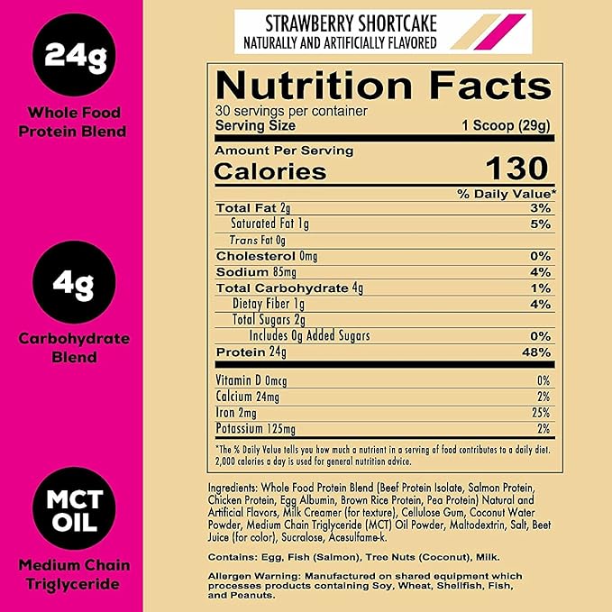 REDCON1 MRE Lite Whole Food Protein Powder, Strawberry Shortcake - Low Carb & Whey Free Meal Replacement with Animal Protein Blends - Easy to Digest Supplement Made with MCT Oils (30 Servings)