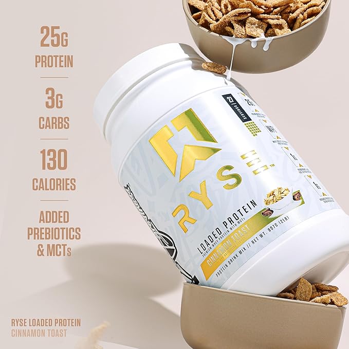 Ryse Loaded Protein Powder - Cinnamon Toast - 25g Whey Protein Isolate & Concentrate with Prebiotic Fiber & MCTs - Low Carb, Low Sugar, Digestive-Friendly - 20 Servings / 1.5 lb Tub