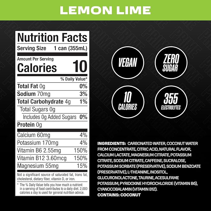 PRIME Energy LEMON LIME | Zero Sugar Energy Drink | Preworkout Energy | 200mg Caffeine with 355mg of Electrolytes and Coconut Water for Hydration| Vegan | Gluten Free |12 Fluid Ounce | 24 Pack