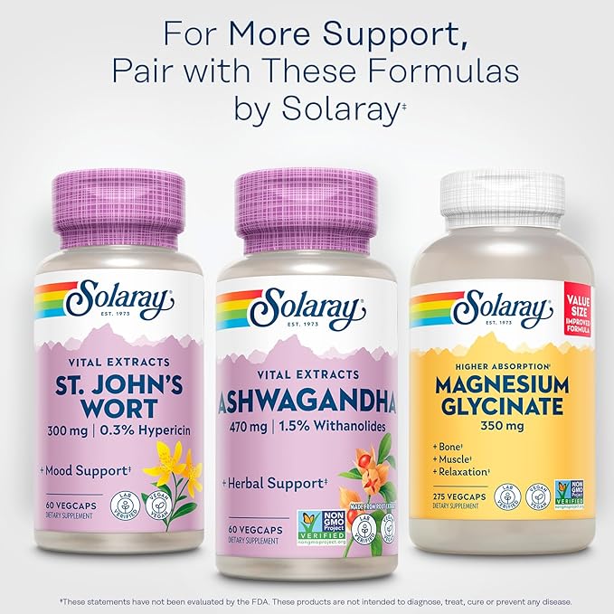 SOLARAY Vital Extracts Ashwagandha - 470 mg Ashwagandha Root Extract Standardized to 7 mg Withanolides - Vegan, Non-GMO, Lab Verified, 60-Day Guarantee - 60 Servings, 60 VegCaps