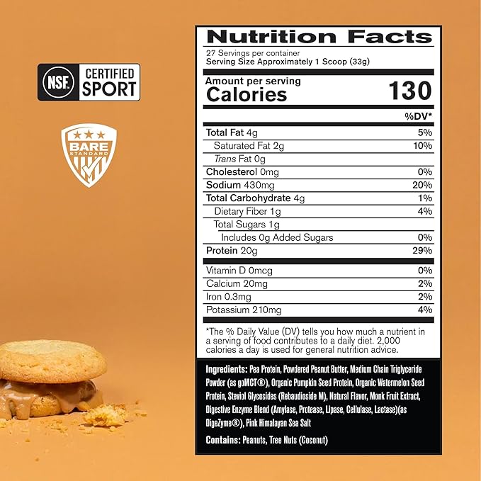 BARE PERFORMANCE NUTRITION Vegan Protein, Plant Based Protein, Pea Protein, Watermelon and Pumpkin Protein, Naturally Sweetened and Flavored (27 Servings, Peanut Butter Cookie)