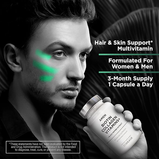 Amen Biotin Collagen Vitamins+ 10,000 mcg Biotin Supplement - Hydrolyzed Collagen, Vitamins C & E, Folate, Hyaluronic Acid, Keratin, MSM, Saw Palmetto - 3-Month Supply - Non-GMO - 90 Capsules