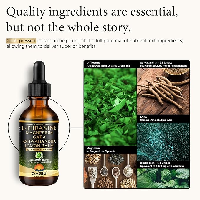 Oasisforce L Theanine 400mg Liquid Drops, L-Theanine Supplement for Adults & Kids with GABA, Magnesium & Ashwagandha, Natural Sleep, Focus & Relaxation Support, Vegan, Alcohol-Free, Non-GMO, 2 FL OZ