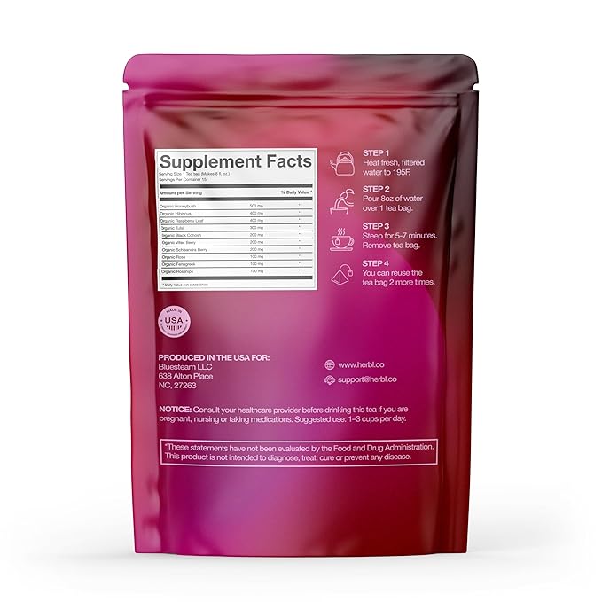 Organic Hormone Balance Tea for Women – Raspberry Leaf Tea with Fenugreek, Tulsi & Black Cohosh – Herbal Hormone Balance tea for PMS (Cramps, Mood, Bloating), PCOS, Ovulation & Fertility