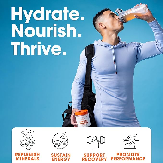 The Genius Brand - Genius Hydrate Powder Drink Mix Sour Peach Rings 50 Servings Electrolyte Hydration Booster Supplement with Coconut Water Potassium Magnesium Zinc Sugar Free No Artificial Sweetener