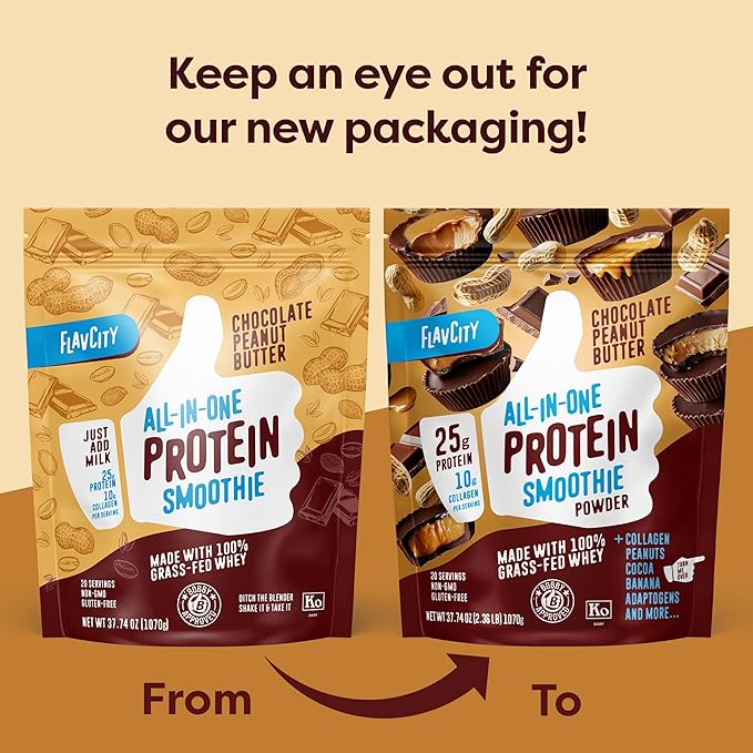 FlavCity Protein Powder Smoothie, Chocolate Peanut Butter - 100% Grass-Fed Whey Protein Smoothie with Collagen (25g of Protein) - Gluten Free & No Added Sugars (37.74 oz)