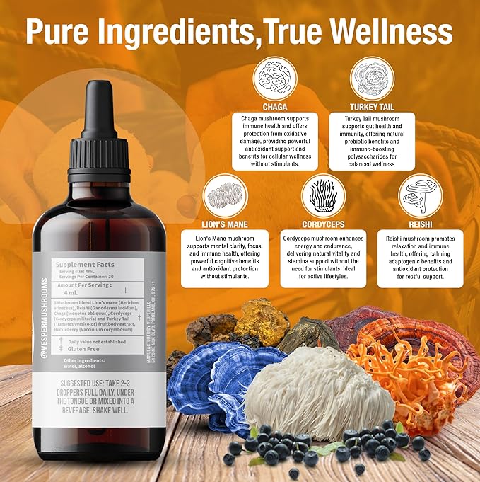 Vesper Gray Matter Mushroom Liquid Extract - 5 Mushroom Blend with Wild Huckleberries for Cognition, Energy, Aging Support, Rest & Prebiotics, USA-Grown, for Full-Spectrum Wellness – 4oz