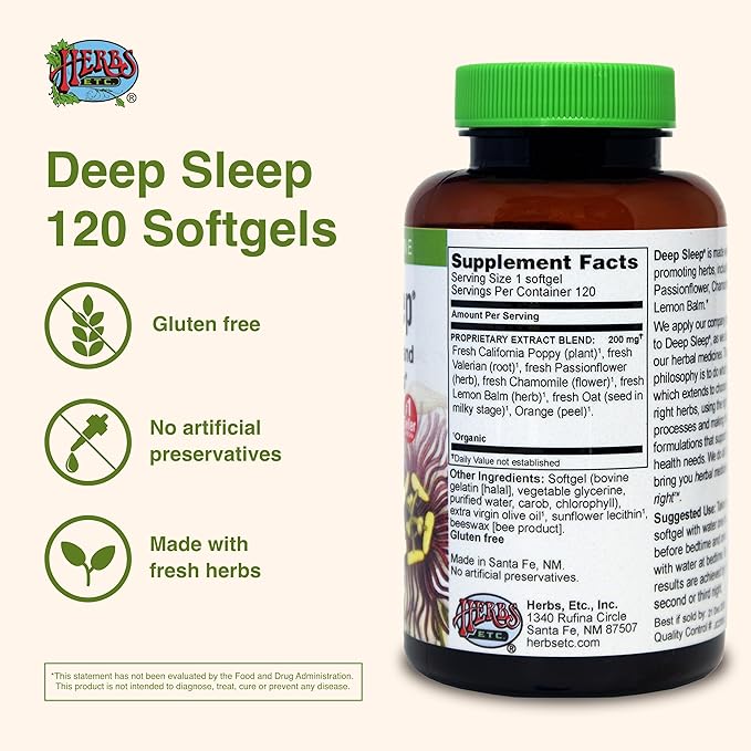 Herbs Etc. Deep Sleep Softgels - Herbal Sleep Support Supplement - Rest & Calming Support with Passionflower, Chamomile & Lemon Balm - 120 Softgels (120 Servings)