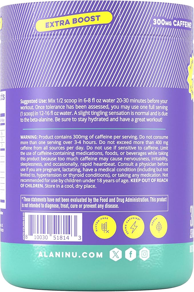 Alani Nu Pre Workout+ Powder Frozen Lemonade, Extra Boost, Sugar Free, 300mg Caffeine, L-Theanine, Beta-Alanine, Citrulline, 30 Servings