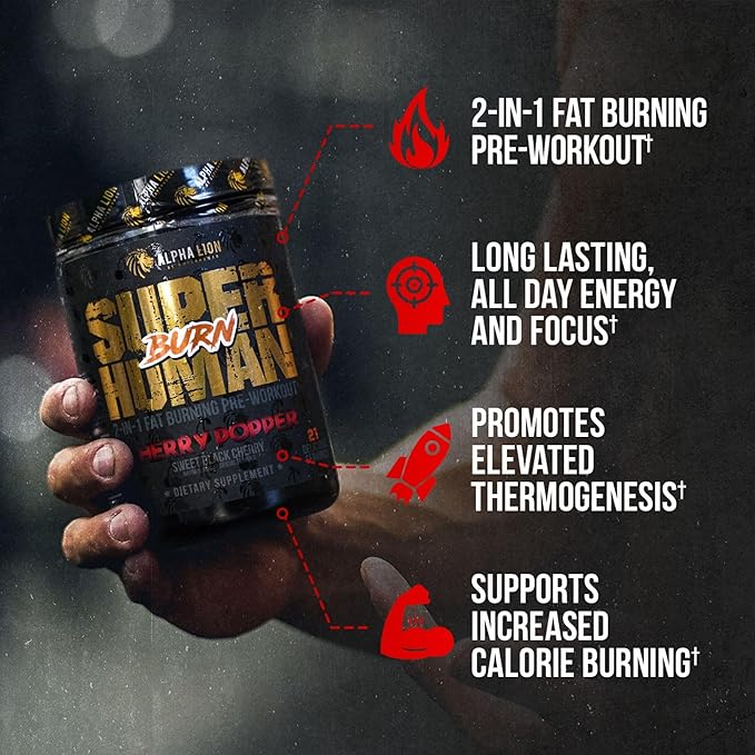 ALPHA LION Superhuman Burn – 2 in 1 Metabolism Booster Pre Workout and Thermogenic Fat Burner for Men – Appetite Suppressant and Weight Loss Supplement (21 Servings, Sweet Black Cherry Flavor)