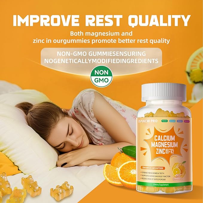Calcium Magnesium Zinc Gummies with Vitamin D3 & K2 - High Potency Enhanced Absorption -60 Orange Gummies