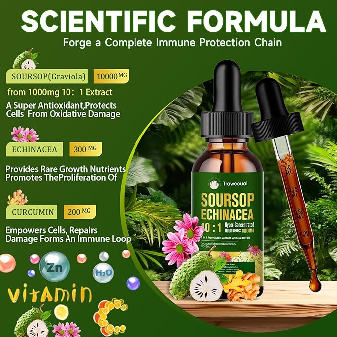 Soursop Graviola Liquid Drops – 5 in 1 with Echinacea, Turmeric, VC, Zinc, 10:1 Concentrate Soursop Bitters for Immune Support, Cellular Health and Antioxidant Support